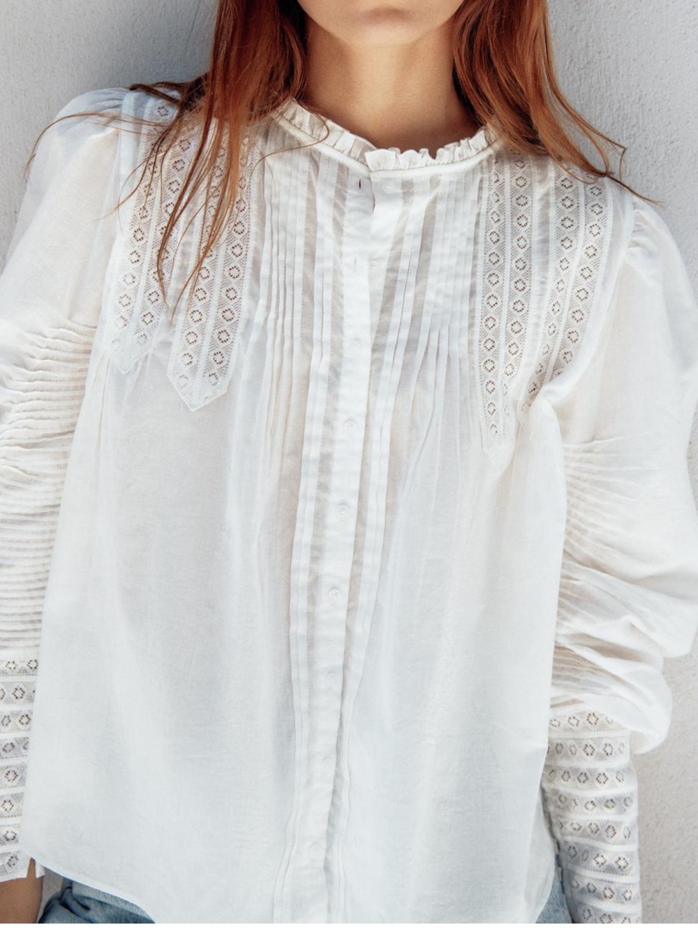 Zara Women's White Lace romantic Pintuck Button-Front Blouse